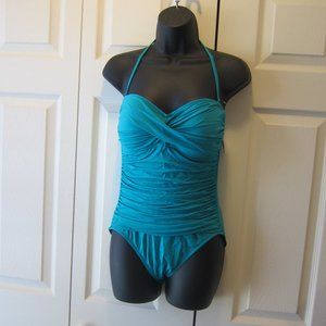 La Blanca One-Piece Ruched Twist Front Halter Swimsuit sz 8 Jade Green NWT